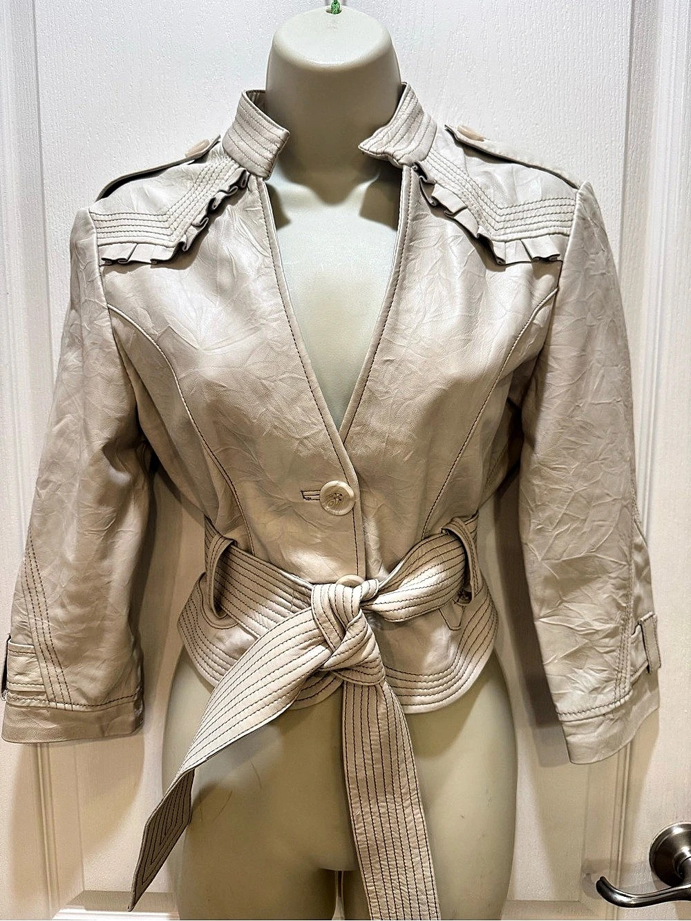 Vintage bebe Leather Belted Jacket in White Size Medium